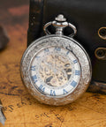 Mechanical Pocket Watch With Magnifier Case And Half Hunter Engraved Silver Chain Skeleton Dial Roman Numerals Classic Vintage Style
