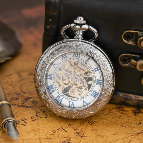 Mechanical Pocket Watch With Magnifier Case And Half Hunter Engraved Silver Chain Skeleton Dial Roman Numerals Classic Vintage Style