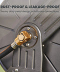 Close-up of Heavy Duty Garden Hose Reel Cart With Wheels, All Weather Metal Frame, Leak Proof Brass Connector details