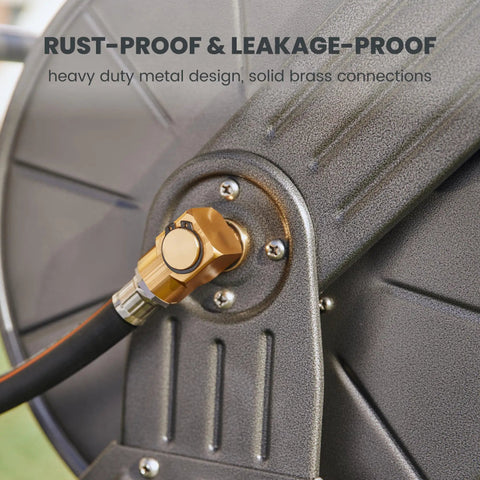 Close-up of Heavy Duty Garden Hose Reel Cart With Wheels, All Weather Metal Frame, Leak Proof Brass Connector details