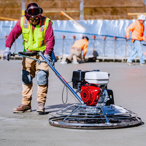 46 Inch Gas Powered Walk Behind Power Trowel With Honda Engine For Concrete Finishing, Pro Grade Blades And Float Pan, Blade Pitch Control From 0 To 28 Degrees, Smoothing Edges And Corners On Cement Floors, on fresh slab