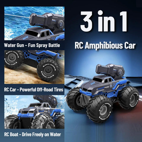 Amphibious 4WD RC Monster Truck with waterproof boat and water gun in blue, showcasing all-terrain design on land and water play