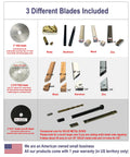 Diagram showing three blades with materials for Mini Miter Cut Off Saw For Hobby Crafts And Model Making Cuts Wood Plastic Aluminum Brass Up To One Half Inch Ideal For Zinc Came Carbon Arrow Shafts And Stained Glass Diy Projects On A Compact Benchtop.