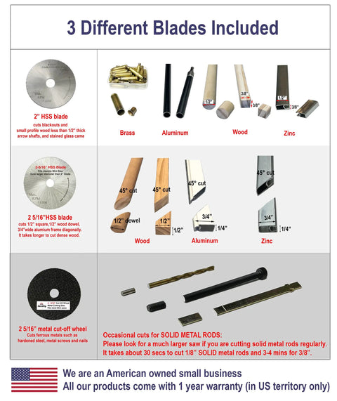 Diagram showing three blades with materials for Mini Miter Cut Off Saw For Hobby Crafts And Model Making Cuts Wood Plastic Aluminum Brass Up To One Half Inch Ideal For Zinc Came Carbon Arrow Shafts And Stained Glass Diy Projects On A Compact Benchtop.