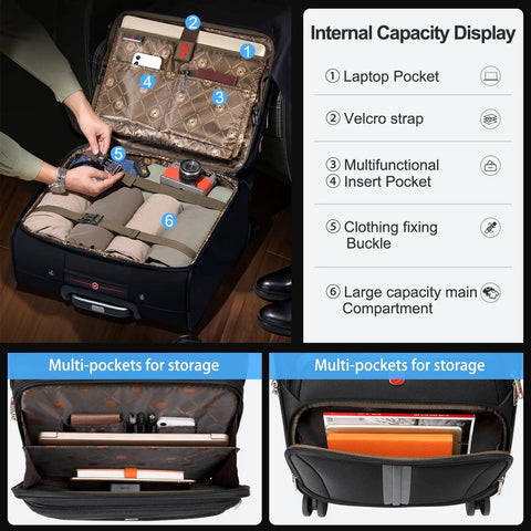 Interior of Underseat Carry On Luggage That Slaps A Lightweight 16 Inch Rolling Tote With organized compartments and pockets.
