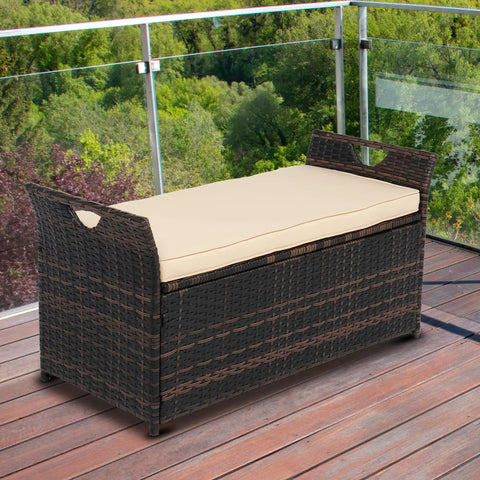 40 Gallon Outdoor Rattan Deck Box With Cushioned Seat 2.3 Inch Thick Cushion Steel Framed Patio Wicker Storage Chest