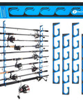 H5 Horizontal Fishing Rod And Pole Holder For Garage, Wall Or Ceiling Mounts, Aviation Aluminum Rod Organizer Holds Up To 10 Rods Or Combos, Safe Damage Free Storage For Your Gear displayed vertically with blue accents and rods attached