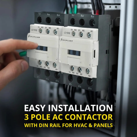 Installing Beefy 3 Pole 30 Amp AC Contactor With 1NO 1NC Aux Contacts 220 240V Coil, mounted on DIN rail for industrial use