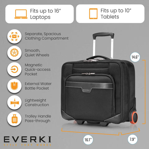 Your Go To Carry On Rolling Laptop Briefcase For 16 Inch Laptops, Lightweight Black Trolley Bag With Wheels, 16.1 x 14.6 x 7.9 inches