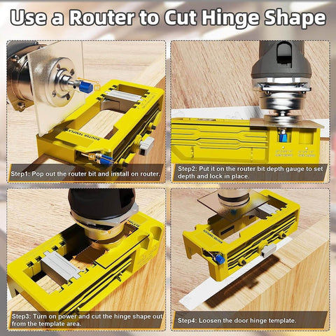 All-In-One Door Hinge Jig Kit For Routers, Adjustable Template For Three To Five Inch Door Hinge Mortises, step-by-step use guide