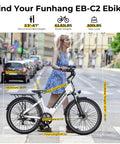Woman riding Powerful 1000W Peak Electric Bike For Adults, 26 inch step through, city street background, Funhang EB-C2