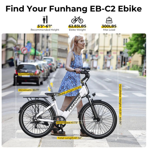 Woman riding Powerful 1000W Peak Electric Bike For Adults, 26 inch step through, city street background, Funhang EB-C2