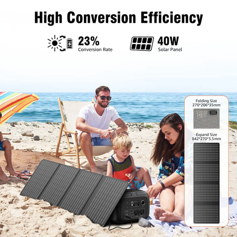 Portable Solar Generator 300W Peak Power Station With 260Wh Battery And 40W Solar Panel Included on beach with family