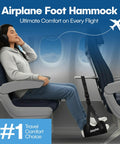 Person using No Sagging Bamboo Foot Rest For Travel And Office, Adjustable Foot Hammock With 19.68 To 36.22 Inches Strap during flight