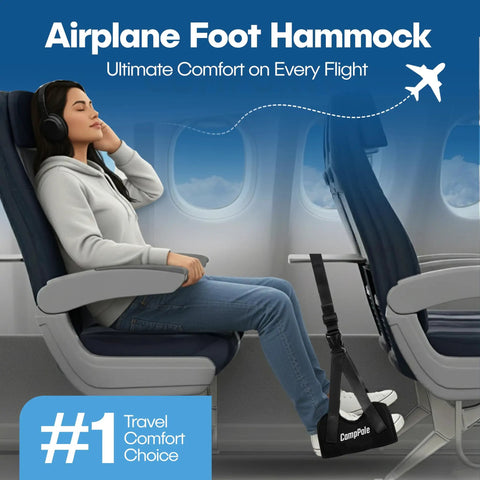 Person using No Sagging Bamboo Foot Rest For Travel And Office, Adjustable Foot Hammock With 19.68 To 36.22 Inches Strap during flight