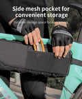 Cyclist using side mesh pocket on 3L Large Bike Frame Bag With A 7 Inch Phone Pocket Waterproof 600D Fabric Four Point Anti Sway Straps
