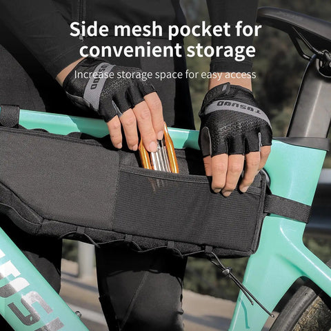 Cyclist using side mesh pocket on 3L Large Bike Frame Bag With A 7 Inch Phone Pocket Waterproof 600D Fabric Four Point Anti Sway Straps