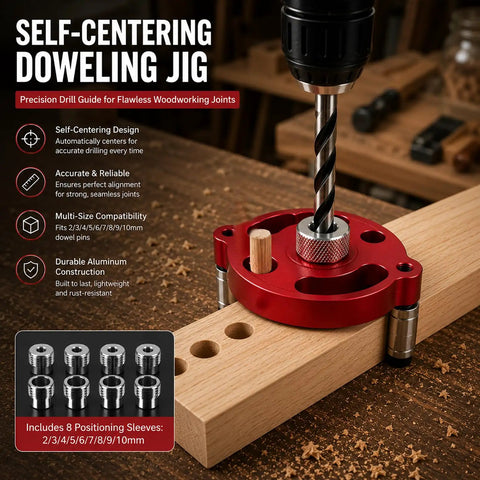 Self Centering Dowel Jig Kit For Knockout Drill Guide Locator Alignment With Heavy Duty Bushings And Quick Release Bits for precise wood joints.