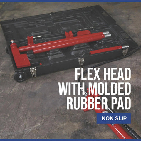 Heavy Duty 10 Ton Hydraulic Portable Ram Kit case open with flex head and extension tubes visible on concrete floor