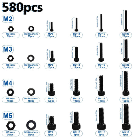 580 Piece Metric Screw Kit Pro Grade With M2 M3 M4 M5 Button Head Screws Bolts Nuts And Washers In 12 9 Carbon Steel assortment.