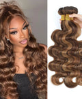 Body Wave Hair Bundles 100 Percent Unprocessed Burmese Human Hair Double Weft For Quick Weave Easy Install Tangle Free One Direction Cuticle P4 27 Color Brown Honey Blonde Piano Mix 16 18 20 Inch displayed on model and separately