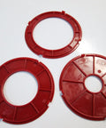 Precision Router Table Insert Ring Set Featuring Workhorse Grade 97 Millimeter Diameter Heavy Duty Aluminum Replacement Plate Quick Snap Install For Weekend Warrior Woodworking Builds, three red rings.