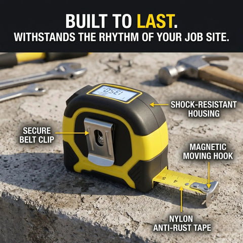 2 In 1 Laser Tape Measure With 130 Ft Digital Laser And 16 Ft Manual Tape, Magnetic Hook, Pythagorean Calculations, Area And Volume, LCD Screen, Inch Metric Ft Unit For Builders, Carpenters, And DIY Woodworking Pros. shock-resistant housing with belt clip and nylon tape
