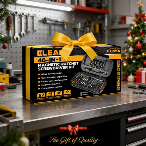 46 In 1 Magnetic Pro Grade Ratchet Screwdriver Set With Detachable Handle And Storage Case shown on a workshop table.