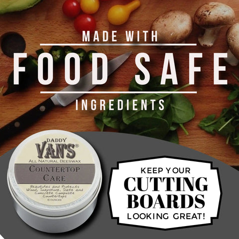 All Natural Beeswax Countertop Care For Soapstone Slate Concrete Composite And Wood Butcher Block Surfaces Food Safe Chemical Free Non Toxic Long Lasting Less Greasy Than Mineral Oil 6 Oz Tin on kitchen counter with vegetables and knife