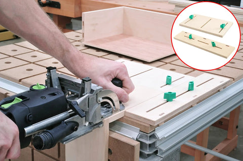 Matchfit Dovetail Clamp Set 4-Piece with Hardware Pack and X-Pad K4 in use on woodshop table for jigs and fixtures