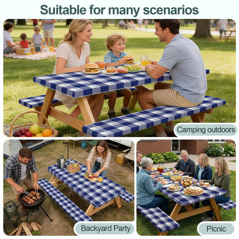 Waterproof Windproof Picnic Table and Bench Cover Set for 6-Foot Rectangular Tables in use at an outdoor gathering