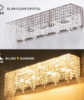 Glam Crystal 24 Inch Over Mirror Bathroom Vanity Light Fixture In Stainless Steel With Sparkling Crystals, Modern Rectangular Design, Four E12 Lampholders, LED Ready, Dimmable With Dimmer, Bulbs Not Included, showing off and on contrast with crystals.