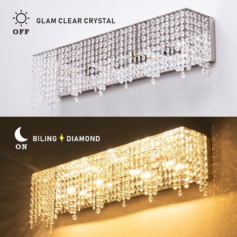 Glam Crystal 24 Inch Over Mirror Bathroom Vanity Light Fixture In Stainless Steel With Sparkling Crystals, Modern Rectangular Design, Four E12 Lampholders, LED Ready, Dimmable With Dimmer, Bulbs Not Included, showing off and on contrast with crystals.