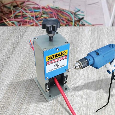 Manual Wire Stripping Machine With Dual Blades, Lightning Fast 50 Feet Per Minute Copper Wire Stripper in use with drill