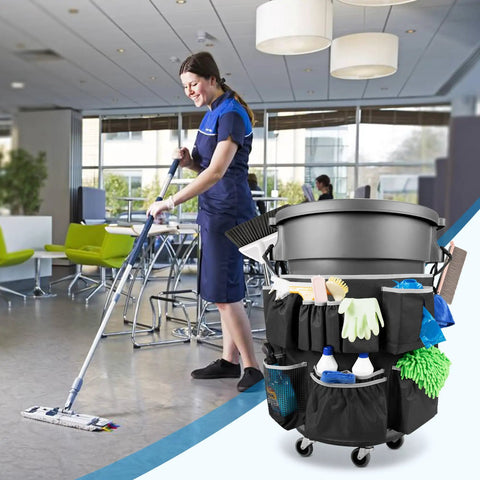 Badass Utility Trash Can Caddy Bag With Dope Storage Pockets For 32 To 55 Gallon Garbage Bins, nylon bag with cleaning supplies.