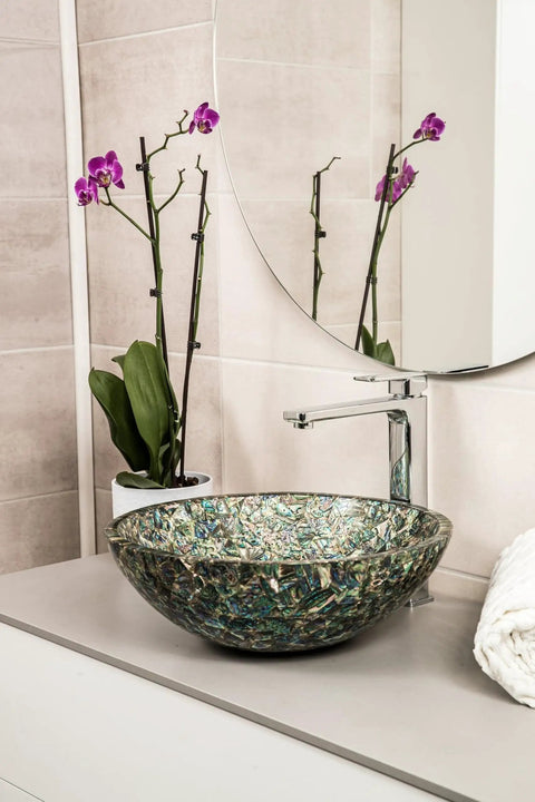 Next Level Bathroom Glow Up Featuring Dope 18 Inch Round Marble Countertop Sink With Hella Smooth Non Porous High Gloss Finish Perfect For Kitchen Or Bar Vanity Projects in a modern bathroom setup.