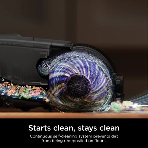 HydroVac Antimicrobial Brushroll And Two Pack Filter Bundle No Fuss For All HydroVac Three In One Multi Surface Cleaners Built For Sealed Hard Floors And Area Rugs Purple White showing self-cleaning brushroll in action