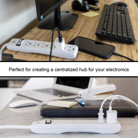 Six Outlet Power Strip With Eight Foot Extension Cord For Home Office Workshop And Garage Use 6 Grounded Outlets Long Reach Cable Power Hub Durable And Tangle Free Cable Management, white on desk