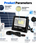 KUSOLE Outdoor Solar floodlight with Remote Control 500W, features polycrystalline solar panel, LED array, and waterproof design.