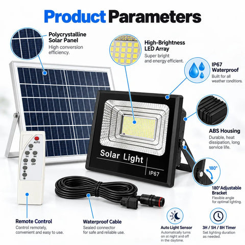 KUSOLE Solar floodlights and Outdoor spotlights 200W with solar panel, remote control, and IP67 waterproof features.