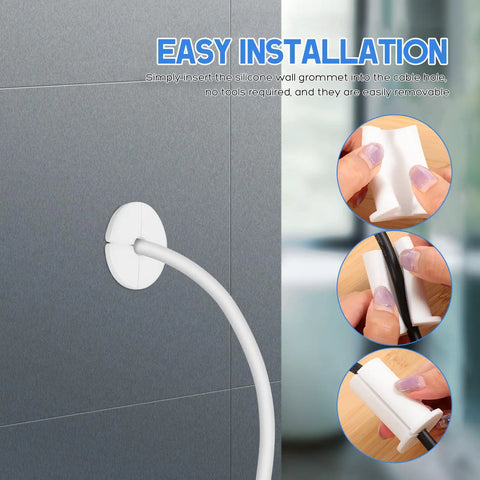 Top Tier Silicone Cable Grommet Kit Makes Your Wall Or Desk Look Super Clean And Totally Sleek With Zero Tools Needed For Easy Installation On Any Setup Right Now. white silicone cable grommet installed in wall hole, with cable routed through
