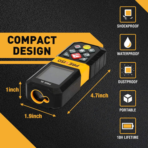 Rechargeable Laser Distance Meter With 265 Ft Range Six Measurement Modes Including Single Continuous Min Max Area Volume Two Point Pythagorean Three Point Pythagorean M In Ft Readouts Three Reference Points For Easy Pro Jobsite Measurements compact 4.7-inch unit