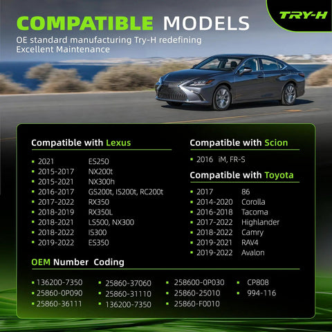Image showing compatible Toyota, Lexus, and Scion models for Evap Purge Vacuum Solenoid Valve Replacement For Toyota Cars 136200-7350 994-116 CP808 Ready To Install Fits Camry RAV4 Corolla Highlander Avalon NX RX IS RC GS 2014-2022 and featured OEM numbers.