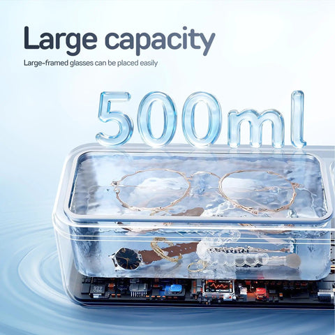 Triple Frequency Ultrasonic Jewelry Cleaner With 50KHz 55KHz 60KHz Modes, 17oz Stainless Tank holding jewelry and glasses