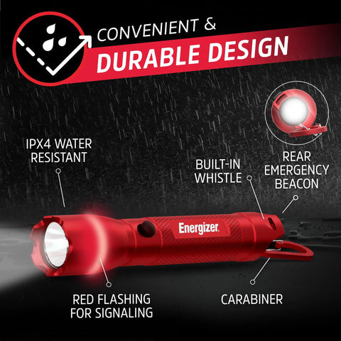 R-300 LED Emergency Flashlight With Beast Mode High Low Strobe Red Strobe, IPX4 Water Resistant, Built-In Emergency Whistle And Rear Beacon
