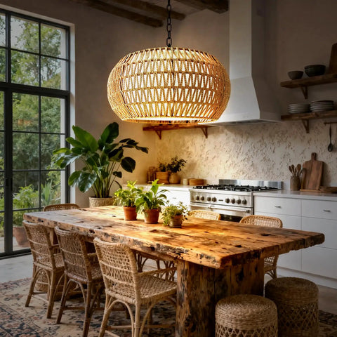Big Time Upgrade 19 Inch Boho Rattan Chandelier Featuring Five Warm Lights For Farmhouse Dining Rooms, hanging above a rustic wooden dining table.