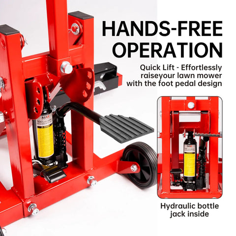 Heavy Duty 300 Pound Adjustable Riding Lift Jack For Tractors Atvs And Zero Turn Mowers With Rock Solid Steel Build Quick Pump Action Secure Safety Lock Bar Non Skid Casters To Kick Those Mean Machines Off The Ground Effortlessly