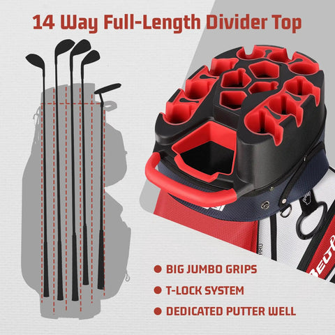 Fourteen Way Golf Cart Bag With T Lock Top And Full Length Dividers USA Flag Mens Premium Cart Golf Bag With T-Lock system