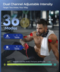 KingPavonini 3-in-1 TENS unit, dual-channel, 36 modes; man in gym with red electrode patches on shoulders and arms.
