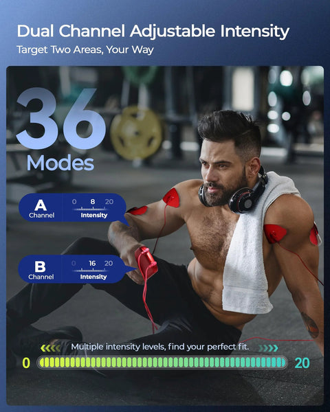 KingPavonini 3-in-1 TENS unit, dual-channel, 36 modes; man in gym with red electrode patches on shoulders and arms.